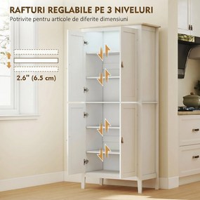 HOMCOM Bufet Înalt de Bucătărie 177 cm, Dulap cu Lumină LED, Reglabil în 3 Culori, Rafturi Ajustabile, Alb | Aosom Romania