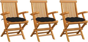 vidaXL Scaune de grădină cu perne, 3 buc., negru, lemn masiv de tec