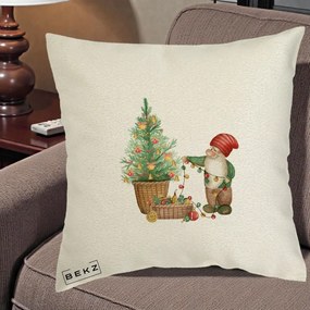 Perna Decorativa Pitic de Craciun cu Brad, 40x40 cm, Ecru, Husa Detasabila, Perna Inclusa, BEKZ®