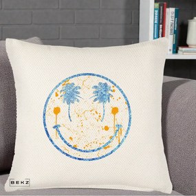 Perna Decorativa Smiley Face Tropical Albastru Glitter si Portocaliu, 40x40 cm, Crem Reliefat, Husa Detasabila, Perna Inclusa, BEKZ®