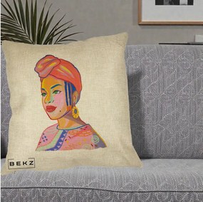 Perna Decorativa Portret Femeie Africana, 40x40 cm, Crem, Husa Detasabila, Perna Inclusa, BEKZ®