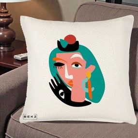 Perna Decorativa Portret Abstract Matisse Turcoaz, 40x40 cm, Crem Reliefat, Husa Detasabila, Perna Inclusa, BEKZ®