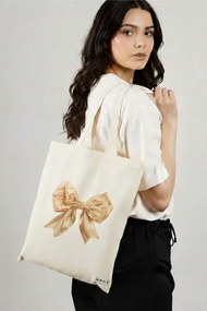 Sacosa de Panza pentru Cumparaturi, Geanta Tote, model Goldie bow 38 x 34.5 cm, Alba, BEKZ®