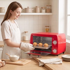 HOMCOM Mini cuptor electric 10L, 750W, cu temperatură reglabilă și timer, 36,5x26x22 cm, roșu | Aosom Romania