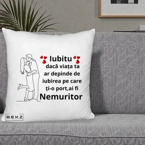 Cadou pentru Iubit - Perna Personalizata Iubitu Nemuritor cu Cuplu Line-Art si Inimi Rosii, 40x40 cm, Alb Pufos, Husa Detasabila, Perna Inclusa, BEKZ®