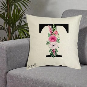 Cadou Personalizat - Perna Personalizata Monograma Florala Litera T, 40x40 cm, Ecru, Husa Detasabila, Perna Inclusa, BEKZ®