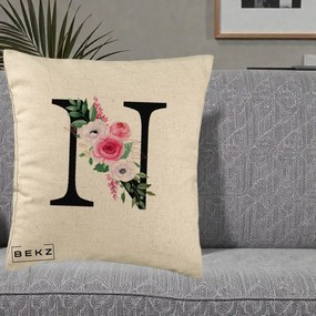 Cadou Personalizat - Perna Personalizata Monograma Florala Litera N, 40x40 cm, Bej, Husa Detasabila, Perna Inclusa, BEKZ®
