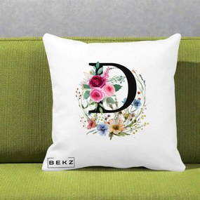 Cadou Personalizat - Perna Personalizata Monogram Litera D cu Flori Acuarela, 40x40 cm, Alba Mata, Husa Detasabila, Perna Inclusa, BEKZ®