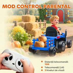 AIYAPLAY 2 în 1 Tractor Electric pentru Copii 3-8 Ani cu Remorcă Detașabilă, Telecomandă, Muzică, Lumini, Albastru | Aosom Romania