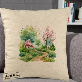 Perna Decorativa Gradina Primavara Acuarela, 40x40 cm, Bej, Husa Detasabila, Perna Inclusa, BEKZ®