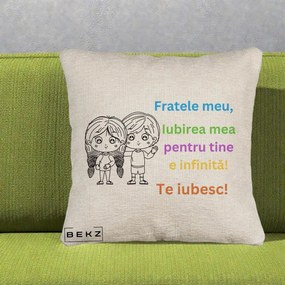 Cadou pentru Frate - Perna Personalizata Fratele Meu Te Iubesc Copii Anime Colorat, 40x40 cm, Bej Canapea, Husa Detasabila, Perna Inclusa, BEKZ®