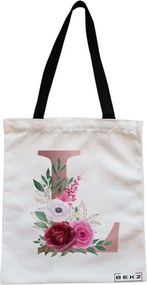 Sacosa de Panza pentru Cumparaturi, Geanta Tote, Cu litera L Rose Gold si Trandafiri, Cu fermoar, 38x34.5 cm, Alba, BEKZ®