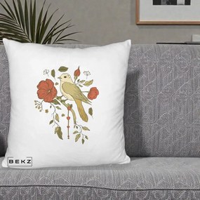 Perna Decorativa Pasare pe Ramura cu Maci, 40x40 cm, Alb Pufos, Husa Detasabila, Perna Inclusa, BEKZ®