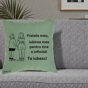 Cadou pentru Frate - Perna Personalizata Fratele Meu Te Iubesc Copii Tinand Maini Line Art, 40x40 cm, Verde, Husa Detasabila, Perna Inclusa, BEKZ®