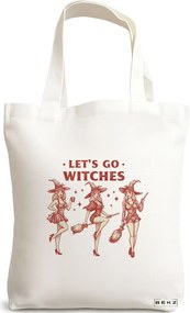 Sacosa de Panza pentru Cumparaturi, Geanta Tote, model Let's go witches 38 x 34.5 cm, Alba, BEKZ®