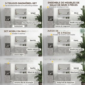 Set de Mobilier de Baie din 3 Piese, Montare pe Perete, cu Dulap cu Oglinda, Dulap de Depozitare Inalt, Gri Kleankin | Aosom Romania
