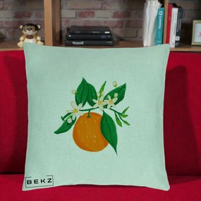 Perna Decorativa Portocala in Floare, 40x40 cm, Verde Menta, Husa Detasabila, Perna Inclusa, BEKZ®