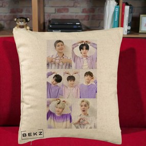 Perna Personalizata K-pop BTS Colaj 7 Portrete cu Inimi Lila, 40x40 cm, Bej, Husa Detasabila, Perna Inclusa, BEKZ®