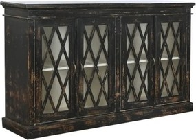 Bufet vintage din lemn, negru, cu 4 uși vitrate cu grilaj în romburi și cornișă în trepte, 100 x 170 x 40 cm, „Mysore”