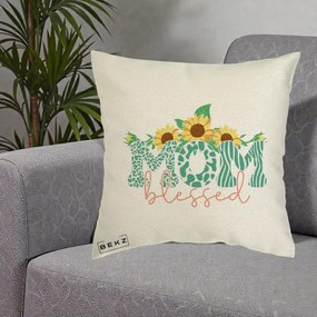 Cadou pentru Mama - Perna Personalizata Mom Blessed cu Floarea Soarelui Animal Print Teal, 40x40 cm, Ecru, Husa Detasabila, Perna Inclusa, BEKZ®