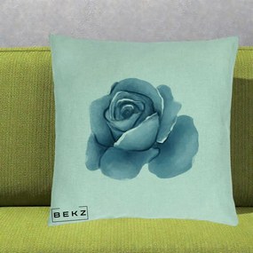 Perna Decorativa Trandafir Albastru Acuarela, 40x40 cm, Verde Menta, Husa Detasabila, Perna Inclusa, BEKZ®