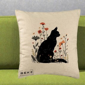 Perna Decorativa Pisica Neagra Profil Flori Portocalii, 40x40 cm, Bej, Husa Detasabila, Perna Inclusa, BEKZ®