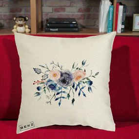 Perna Decorativa Buchet Flori Albastre Acuarela, 40x40 cm, Ecru, Husa Detasabila, Perna Inclusa, BEKZ®