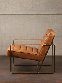 Fotoliu cognac din piele naturală full grain cu structură metalică si brate patrate, „Makine”