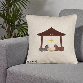 Perna Decorativa Ieslea din Betleem cu Iesle Asin si Bou, 40x40 cm, Bej Canapea, Husa Detasabila, Perna Inclusa, BEKZ®