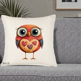 Perna Decorativa Bufnita Rosie cu Inimi Aurii, 40x40 cm, Crem Reliefat, Husa Detasabila, Perna Inclusa, BEKZ®