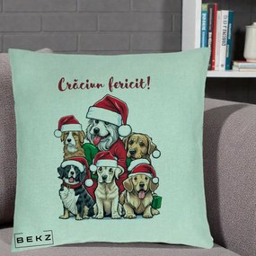 Perna Decorativa Caini cu Bonete Craciun Fericit, 40x40 cm, Verde Menta, Husa Detasabila, Perna Inclusa, BEKZ®