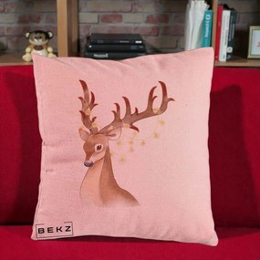 Perna Decorativa Ren cu Luminite de Craciun, 40x40 cm, Roz, Husa Detasabila, Perna Inclusa, BEKZ®
