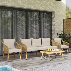 Outsunny Set de Mobilier de Grădină din 4 Piese cu Canapea, 2 Fotolii, Măsuță și Perne, 180x64x80 cm, Kaki | Aosom Romania