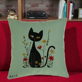Perna Decorativa Pisica Neagra Ochi Galbeni Flori, 40x40 cm, Verde, Husa Detasabila, Perna Inclusa, BEKZ®