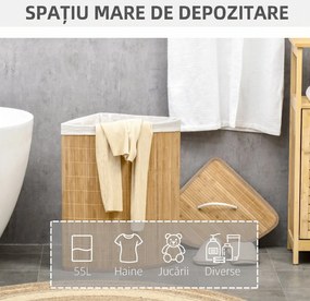 HOMCOM Coș de Rufe din Bambus cu Capac, Design Triunghiular Economisitor de Spațiu, 38x38x57 cm, Culoare Lemn | Aosom Romania