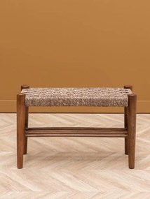 Banchetă vintage din iută naturală împletită și lână, cu structură din lemn masiv, 70×45×30 cm, „Sage"