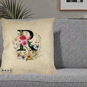 Cadou Personalizat - Perna Personalizata Monogram Litera R cu Flori Acuarela, 40x40 cm, Crem, Husa Detasabila, Perna Inclusa, BEKZ®