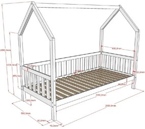 Pat copii pentru camera copil tip CASĂ CABANE CU GARD 90 X 200 CM NATURAL