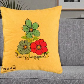 Perna Decorativa Trei Flori Grafice Pop Art, 40x40 cm, Galben, Husa Detasabila, Perna Inclusa, BEKZ®