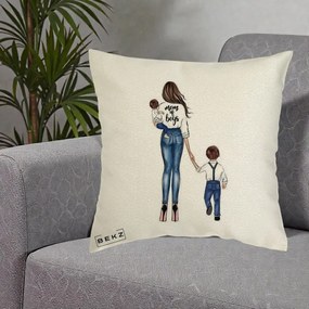 Cadou pentru Mama - Perna Personalizata Mom of Boys Mama cu Baietii, 40x40 cm, Ecru, Husa Detasabila, Perna Inclusa, BEKZ®