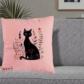Perna Decorativa Pisica Neagra Botanica Rosu-Gri, 40x40 cm, Roz, Husa Detasabila, Perna Inclusa, BEKZ®