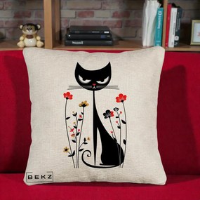 Perna Decorativa Pisica Neagra Grafica Flori Rosii, 40x40 cm, Bej Canapea, Husa Detasabila, Perna Inclusa, BEKZ®