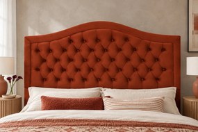Pat tapițat Chesterfield din catifea Solaria Deluxe 140×200 cm, cărămiziu, cu ladă de depozitare