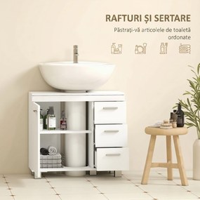 HOMCOM Dulap Sub Lavoar pentru Baie cu Ușă Amortizată și 3 Sertare, Decupaj în Formă de U și Rafturi, Dulap Modern și Compact pentru Lavoare cu Piedestal sau Fără, Alb | Aosom Romania
