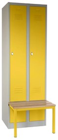 Dulap metalic cu bancă, 60 x 85 x 185 cm, plintă, blocare rotiță, galben - ral 1023