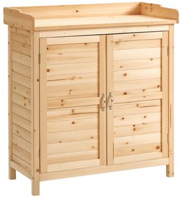 Dulap de exterior Outsunny cu 2 rafturi din lemn de brad cu design înălțat și 2 uși, 83x40x92 cm, culoarea lemnului | Aosom Romania