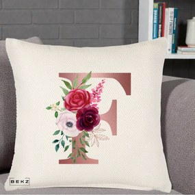Cadou Personalizat - Perna Personalizata Monograma Rose Gold Litera F, 40x40 cm, Crem Reliefat, Husa Detasabila, Perna Inclusa, BEKZ®