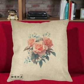 Perna Decorativa Trandafiri Roz cu Floricele Albastre, 40x40 cm, Crem, Husa Detasabila, Perna Inclusa, BEKZ®