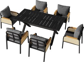 Set modern de masă pentru grădină și terasă, 6 piese, cu cadru din fier în formă de cruce, Negru+Culoare naturală