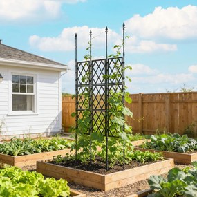 Outsunny Suport pentru Plante Cățărătoare Înalt Pliabil, Grilaj pentru Cățărătoare din Grădină din Oțel cu Decorațiuni, pentru Roșii, Flori, Mazăre, Legume, Montaj DIY, 85x197 cm, Negru | Aosom Romania